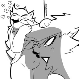 4_fingers 5_fingers against_surface against_wall ambiguous_gender anthro black_lips blush bra clothing duo eyeliner female female/ambiguous fingers heart_nose heart_symbol kiss_on_belly kissing lips makeup shadow simple_background size_difference underwear white_background bigsteppies mythology canid canine fella_(aimkid) mammal mythological_canine mythological_creature werecanid werecanine werecreature werewolf black_and_white monochrome