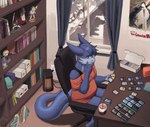 ambiguous_gender anthro barefoot beverage binder_(object) biped blue_body blue_hair book bookshelf box building cable car carpet chair chimney closed_window clothing container cup curtains desk feet figurine footwear freckles furniture green_eyes hair heater holding_card house inside logo magic:_the_gathering_card melee_weapon mug office_chair poster shelf shirt shoes shoes_removed smoke sneakers snow socket solo space_heater street sword t-shirt table thinking thinking_pose topwear trading_card vehicle wall_(structure) weapon window chimeracauldron arc_system_works final_fantasy final_fantasy_vii fullmetal_alchemist guilty_gear j._r._r._tolkien middle-earth_(tolkien) mythology square_enix aerith_gainsborough alphonse_elric bridget_(guilty_gear) edward_elric gandalf_the_grey marth_(fire_emblem) dragon mythological_creature mythological_scalie scalie absurd_res artist_logo hi_res nonbinary_(lore)