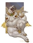 anthro belly_rolls bodily_fluids butt butt_from_the_front coin deep_navel female female_pred genitals gold_(metal) gold_coin imminent_oral_vore imminent_vore in_mouth larger_anthro larger_female male male_prey navel nipple_covers on_tongue oral_vore overweight overweight_anthro overweight_female pasties pile_of_gold pussy saliva scar sharp_teeth sitting size_difference smaller_anthro smaller_male tail teeth thick_tail thick_thighs tongue treasure_hoard vore raudegil alligator alligatorid crocodilian haplorhine mammal monkey primate reptile scalie digital_media_(artwork) hi_res