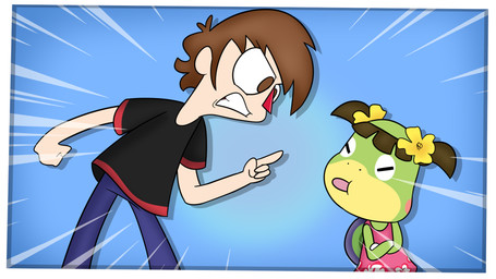 4_fingers accessory age_difference annoyed anthro arms_bent black_clothing black_shirt black_t-shirt black_topwear blue_background blue_bottomwear blue_clothing blue_pants border bottomwear brown_eyes brown_hair clenched_teeth clothed clothed_anthro clothed_female clothed_human clothed_male clothing crossed_arms dress duo female fingers fist flower flower_in_hair fully_clothed fully_clothed_human fully_clothed_male furrowed_brow gesture green_body green_skin grey_shell hair hair_accessory hand_gesture horizontal_pupils larger_human larger_male leaning leaning_forward light male older_human older_male pants pink_clothing pink_dress pink_mouth plant pointing pointing_at_another pupils red_nose shell shirt short_hair simple_background size_difference smaller_anthro smaller_female standing t-shirt tan_body tan_skin teeth topwear white_border yellow_flower young young_anthro young_female younger_anthro younger_female cookieboy011 animal_crossing asian_mythology east_asian_mythology japanese_mythology mythology nintendo leila_(animal_crossing) villager_(animal_crossing) human kappa mammal yokai 16:9 2019 colored digital_drawing_(artwork) digital_media_(artwork) english_description hi_res lighting shaded widescreen