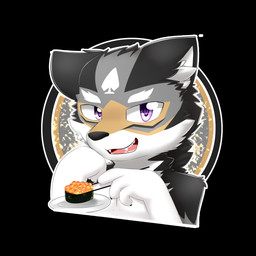 anthro black_body black_claws black_ears black_fur cheek_tuft claws facial_markings facial_tuft fangs finger_claws food fur glistening glistening_eyes head_markings head_tuft inner_ear_fluff looking_at_viewer male markings mask_(marking) neck_tuft nude open_mouth open_smile plate purple_eyes red_tongue simple_background smile solo sushi teeth tongue tuft unsigned white_body white_fur white_inner_ear_fluff kewkungzn canid mammal 1:1 bust_portrait hi_res icon portrait