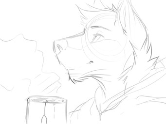 anthro beverage clothed clothing container cup head_tuft holding_container holding_cup holding_mug holding_object hoodie male male_anthro mouth_closed mug neck_tuft side_view simple_background solo steam tea topwear tuft solaxe_(artist) canid canine mammal 4:3 monochrome sketch