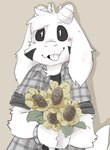 anthro blush bracelet clothing flower fur holding_object horn jewelry looking_at_viewer male plant shirt smile smiling_at_viewer solo sunflower topwear white_body white_fur pop2hotzz undertale undertale_(series) asriel_dreemurr_(god_form) boss_monster_(undertale) bovid caprine caprine_demon demon goat goat_demon mammal 2022