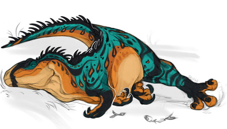 ambiguous_gender big_claws black_claws black_spikes bone claws eyes_closed feral fishbone grass lying markings mouth_closed multicolored_body nude on_side plant simple_background solo spikes spikes_(anatomy) skific acrocanthosaurus allosauroid carcharodontosaurid dinosaur prehistoric_species reptile saurischian scalie theropod colored colored_sketch digital_drawing_(artwork) digital_media_(artwork) hi_res sketch