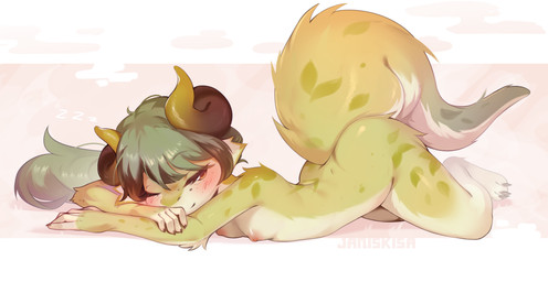 anthro big_tail blush blush_lines breasts butt cheek_tuft claws earless facial_tuft feet female fluffy fluffy_tail fur green_body green_hair hair horn leaning long_hair looking_at_viewer lying lying_on_ground markings nipples nude on_front on_ground orange_eyes pink_nipples simple_background small_breasts smile solo tail thick_thighs tuft white_body white_fur janiskisa mythology naomi_(avisseron) furred_kobold furred_scalie kobold mammal mythological_creature mythological_scalie scalie digital_media_(artwork) hi_res