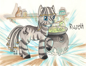 accessory blue_eyes bubbling cauldron cutie_mark dreadlocks feral fire grey_body hair_accessory hair_tie hooves jewelry male mane potion solo stripes aokimeiwaru hasbro my_little_pony ruzeth equid equine mammal zebra hi_res