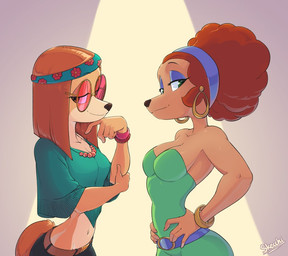 5_fingers afro anthro bracelet clothed clothing duo ear_piercing ear_ring eyelashes eyeshadow eyewear female fingers glasses hair hands_on_hips jewelry looking_at_viewer makeup midriff navel necklace piercing ring_piercing short_hair small_waist smile skecchiart disney goof_troop illumination_entertainment sing_(movie) suki_lane sylvia_marpole canid canine canis domestic_dog hunting_dog mammal saluki sighthound 2022 crossover signature