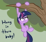 dangling female feral fur hair hang_in_there_baby horn in_tree multicolored_hair outside plant purple_body purple_eyes purple_fur purple_hair sky solo tail text tree two_tone_hair tess-27 friendship_is_magic hang_in_there hasbro my_little_pony mythology twilight_sparkle_(mlp) equid equine mammal mythological_creature mythological_equine unicorn 2012 english_text