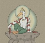 anthro bracelet buddhism buddhist compassion crown halo headgear jewelry kind male rock royalty sitting smile solo xroshtag_(artist) buddhist_mythology avian bird deity pelecaniform pelican hi_res