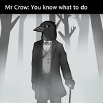 5_fingers anthro beak bottomwear bow_tie cane clothed clothing fingers fog forest jacket male outside pants plant shirt solo standing text topwear tree vest yuki_onode rusty_lake rusty_lake_roots mr._crow avian bird corvid corvus_(genus) crow oscine passerine 1:1 english_text greyscale hi_res monochrome