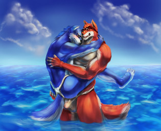 abs anthro asian_clothing athletic biceps big_muscles black_nose blue_body blue_eyes blue_fur blush bulge butt butt_grab carrying_another clothed clothing detailed_bulge duo east_asian_clothing eyewear fangs fundoshi fur genital_outline glasses grin hand_on_butt heterochromia japanese_clothing legs_up male male/male male_on_bottom male_on_top muscular muscular_male on_bottom on_top open_mouth pecs penis_outline pose red_body red_eyes red_fur smile standing straddling teeth tongue topless underwear water white_body white_fur redwolfalang canid canine canis mammal wolf absurd_res hi_res