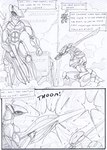 beam beam_rifle black_and_white border building comic cracked cracked_wall cracks crouching damaged_building dialogue energy_beam english_text flying_machine gun gunshot in_denial kitfox-crimson machine mecha melee_weapon monochrome onomatopoeia outside_border ranged_weapon sketch smoke sound_effects speech_bubble stab stolen_generation sword text weapon window zero_pictured