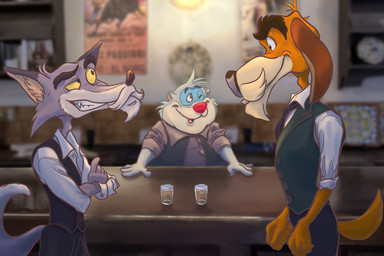 5_fingers anthro bar_counter black_bottomwear black_clothing black_ear_tips black_pants black_topwear black_vest blue_markings blurred_background bottomwear brown_body brown_fur brown_nose clothed clothed_anthro clothed_male clothing container counter crossed_arms cup dipstick_ears ear_markings eye_contact eyebrows facial_hair facial_markings fingers foreshortening fully_clothed fur glass glass_container glass_cup goatee green_clothing green_topwear green_vest grey_body grey_fur grin group head_markings humanoid_hands looking_at_another male male_anthro markings mask_(marking) multicolored_ears mustache one_eye_closed open_mouth open_smile pants perspective photo_background purple_body purple_fur raised_tail red_nose rolled_up_sleeves shirt slim_anthro slim_male smile tail teeth thick_eyebrows toothy_grin topwear trio vest white_clothing white_shirt white_topwear wink yellow_sclera lunakichi shima_spain_village_parque_espana alejandro_(shima_spain_village) don_quixote_(shima_spain_village) sancho_panza_(shima_spain_village) canid canine canis domestic_dog eulipotyphlan mammal wolf 2026 digital_drawing_(artwork) digital_media_(artwork) hi_res mixed_media photography_(artwork) shaded soft_shading