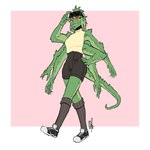 1:1 2018 6_arms animal_humanoid bigmsaxon border breasts clothed clothing eyewear eyewear_on_head female footwear full-length_portrait grin hand_on_hip helmeted_lizard hi_res humanoid knee_highs knee_socks legwear lizard multi_arm multi_limb mythological_basilisk mythological_creature mythological_scalie mythology pink_background portrait red_eyes reptile reptile_humanoid scales scalie scalie_humanoid shoes simple_background sleeveless sleeveless_shirt smile socks solo standing sunglasses sunglasses_on_head walking white_border