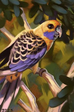 beak black_body black_eyes black_feathers branch feathers feral leaf multicolored_body multicolored_feathers on_branch perching purple_body purple_feathers solo tail tail_feathers wings yellow_body yellow_feathers alexpahomov avian bird parrot rosella true_parrot 2023 digital_media_(artwork) digital_painting_(artwork) hi_res painting_(artwork)