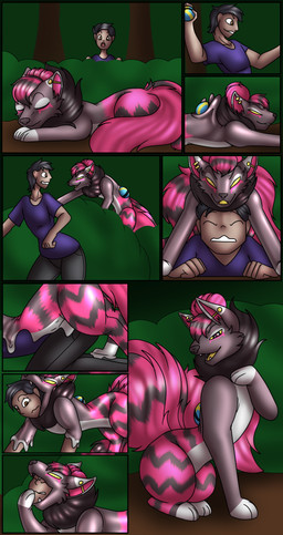 absorption_vore ambiguous_gender black_body black_fur black_hair brown_eyes duo ear_piercing feral fluffy fluffy_tail forest fur hair human_prey human_to_feral industrial_piercing latex latex_body liquid_body liquid_latex male merging multi_tail multicolored_body multicolored_fur piercing pink_body pink_fur plant pokeball purple_eyes quick_ball species_transformation tail transformation tree two_tone_body two_tone_fur vore yellow_sclera koekoek nintendo pokemon taerie_(mirasila) generation_1_pokemon generation_5_pokemon human hybrid latex_creature mammal pokemon_(species) vulpix zorua 2025 comic hi_res