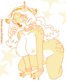 anthro big_breasts blonde_hair bracelet breasts drill_curls female flower flower_accessory hair hibiscus hooves jewelry kneeling long_hair looking_at_viewer markings multicolored_body necklace nipples nude nude_female open_mouth orange_body plant smile smiling_at_viewer solo spots spotted_markings text tongue two_tone_body wavy_hair white_body efradraws northwind_(efradraws) elafi_(efradraws) deer mammal absurd_res digital_drawing_(artwork) digital_media_(artwork) english_text halftone hi_res