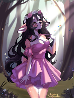 accessory anthro brown_body brown_eyes brown_hair clothing dark_nose dress female flower flower_in_hair forest forest_background freckles fur hair hair_accessory markings nature nature_background pink_clothing pink_dress plant solo spots spotted_body spotted_fur tree white_body wreath sugar_(artist) deer mammal hi_res