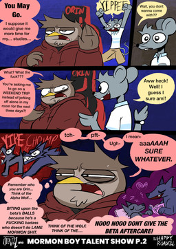 4_panel_comic aftercare anthro brown_body brown_fur chin_tuft clothing collared_shirt dialogue eyes_closed facial_tuft fur grey_body grey_fur half-closed_eyes hoodie humor inner_monologue khaki_pants male multicolored_body multicolored_fur narrowed_eyes open_mouth open_smile shirt slightly_chubby slightly_chubby_anthro slightly_chubby_male smile speech_bubble text thinking thought_bubble topwear tuft two_tone_body two_tone_fur wide_eyed happyroadkill isaiah_the_mormon_mouse orin_owl avian bird canid canine canis mammal mouse murid murine owl rodent wolf absurd_res comic english_text hi_res