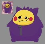 :3 biped black_eyes black_nose clothed clothed_ambiguous clothed_feral clothing costume featureless_feet featureless_hands feet feral fur humor male male_feral no_sclera obese obese_feral obese_male overweight overweight_feral overweight_male purple_clothing purple_costume red_cheeks reference_image semi-anthro smile solo standing yellow_body yellow_fur zipper toxicsoul77 nintendo pokemon grape_(toxicsoul77) generation_1_pokemon gengar mammal pikachu pokemon_(species) rodent 2021 hi_res