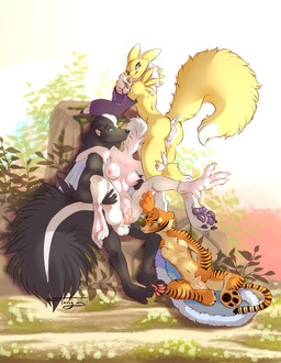anthro balls big_breasts black_body black_fur bodily_fluids breasts breeding_spree claws cum cum_from_vagina cum_in_vagina cum_inside erection feathers feet female female_penetrated foursome fur gangbang genital_fluids genitals group group_sex hair leaking_cum long_hair male male/female male_penetrating male_penetrating_female multicolored_body nipples non-mammal_breasts nude one_after_another orange_body orange_fur orgy pawpads paws penetration penile penile_penetration penis penis_in_vagina reverse_gangbang sex smile soles tail toes vaginal vaginal_penetration vulva white_body white_fur yellow_body yellow_fur tassy_(artist) bandai_namco digimon dinosaucers dreamworks kung_fu_panda alpha_(alphacrow) master_tigress teryx_(dinosaucers) canid canine digimon_(species) dinosaur mammal mephitid prehistoric_species renamon reptile scalie skunk absurd_res digital_media_(artwork) hi_res