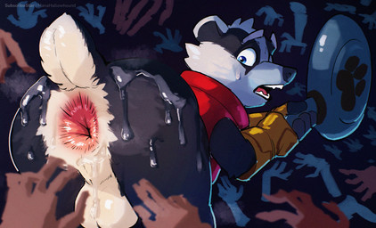 anthro anus backsack balls big_anus bodily_fluids bottomless clothed clothing disembodied_hand eyebrows genitals holding_melee_weapon holding_object holding_weapon looking_back male melee_weapon musk presenting presenting_anus raised_eyebrow raised_tail solo sweat tail weapon worried_look manahallowhound bradley_the_badger_(game) bradley_(bradley_the_badger) badger mammal mustelid musteline absurd_res hi_res