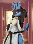 anthro anthrofied blue_body blue_fur breasts eyelashes female fur looking_at_viewer open_mouth pokemorph red_eyes solo spikes tail drxsmokey nintendo pokemon canid canine generation_4_pokemon lucario mammal pokemon_(species)