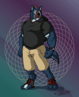 anthro backpack blue_body blue_fur bottomwear clock clothing detailed_background explorer footwear fur hair hiker male markings muscular muscular_anthro muscular_male orange_hair pose shirt shoes shorts solo standing topwear watch fullbodywolf ypsilon canid canine canis mammal wolf absurd_res hi_res