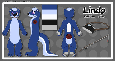 anthro blue_body blue_fur camera fishing_rod fur grey_background grey_pawpads male pawpads purple_eyes simple_background solo tongue tongue_out hypnohoundstidios lindo mammal mustelid otter hi_res model_sheet source_request
