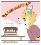 anthro biped birthday_cake blowing brown_clothing brown_shirt brown_topwear cake candle clothing dessert facial_markings food head_markings male markings shirt slim_anthro slim_male solo topwear kurarifox kurari_(deruu) canid canine fox mammal 2024 hi_res