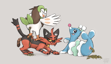 ambiguous_gender ambiguous_pooping animal_genitalia anus beak black_body black_fur blue_body brown_body brown_feathers cheek_tuft claws cloaca eyes_closed facial_tuft feathered_wings feathers feces feces_on_back feces_on_ground feces_pile female female_pooping feral fur genitals green_body green_feathers green_tail_feathers grey_background group looking_back narrowed_eyes open_mouth open_smile pooping pooping_on_another pooping_on_floor raised_tail red_body red_eyes red_fur scatplay simple_background smile snaggle_tooth tail tail_feathers text trio tuft vulva white_body white_feathers wings yellow_sclera jadeder nintendo pokemon brionne dartrix generation_7_pokemon pokemon_(species) torracat 2026 artist_name dated hi_res
