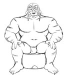 anthro armor barefoot bulge claws clothed clothing eyewear feet goggles headgear helmet male musclegut muscular simple_background solo stripes topless underwear underwear_only whiskers white_background thegreatmatsutzu dragon_ball captain_yellow felid mammal pantherine tiger black_and_white monochrome sketch