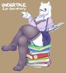 anthro big_breasts biped blush book bra breasts brown_background cleavage clothed clothing container cup eyewear female glasses holding_container holding_cup holding_object legwear looking_at_viewer mature_anthro mature_female open_mouth red_eyes simple_background sitting solo stockings text underwear white_body chinad011 undertale undertale_(series) toriel boss_monster_(undertale) bovid caprine mammal 2016 digital_media_(artwork) english_text hi_res