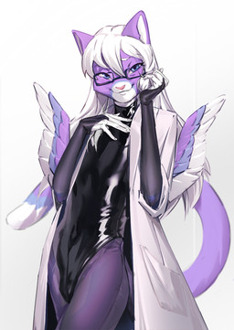 anthro armwear black_armwear black_clothing blue_body blue_eyes blue_feathers blue_wings bulge closed_smile clothed clothing coat eyewear feathered_wings feathers femboy front_view glasses glistening glistening_eyes hair lab_coat latex latex_clothing long_hair looking_at_viewer male mouth_closed purple_body purple_feathers purple_wings rectangular_glasses simple_background smile solo standing topwear unsigned white_background white_body white_feathers white_hair white_wings wings shermugi nicoya felid mammal 2022 hi_res portrait three-quarter_portrait