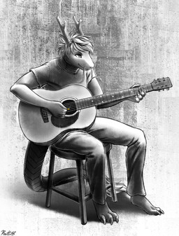 3_toes 5_fingers acoustic_guitar anthro barefoot bottomwear claws clothed clothing digitigrade dreadnought_(guitar) feet fingers fully_clothed furniture guitar guitar_pick hair horn male musical_instrument pants playing_guitar playing_music plucked_string_instrument shirt simple_background sitting smile solo stool string_instrument t-shirt tail tail_tuft toes topwear tuft whiskers conditional_dnp ratte asian_mythology east_asian_mythology mythology styx_y._renegade dragon eastern_dragon mythological_creature mythological_scalie scalie 2018 digital_media_(artwork) monochrome partially_colored signature spot_color
