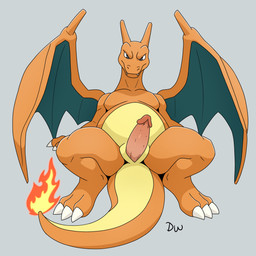 3_toes animal_genitalia anthro biped blue_wings claws erection fangs feet finger_claws fingers fire flaming_tail genital_slit genitals glans glistening glistening_eyes grey_background grey_eyes humanoid_genitalia humanoid_penis humanoid_penis_in_slit logo looking_at_viewer male male_anthro membrane_(anatomy) membranous_wings mouth_closed multicolored_body multicolored_scales multicolored_tail nude nude_anthro nude_male orange_body orange_scales orange_tail orange_wings penis scales simple_background solo tail tapering_tail teeth toe_claws toes two_tone_body two_tone_scales white_claws wings yellow_body yellow_scales yellow_tail darkwolf79 mythology nintendo pokemon charizard dragon generation_1_pokemon mythological_creature mythological_scalie pokemon_(species) scalie 1:1 2026 absurd_res artist_logo digital_drawing_(artwork) digital_media_(artwork) hi_res