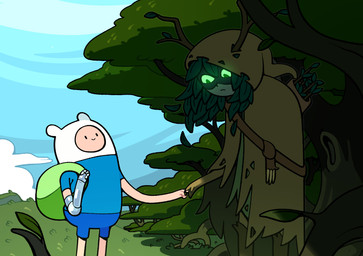 ambiguous_gender backpack bottomwear clothing cloud detailed_background dot_eyes duo glowing glowing_eyes hand_holding hat headgear headwear leaf leaf_hair mechanical_arm on_model plant plant_hair pseudo_hair shirt shorts simple_eyes size_difference t-shirt toony topwear tree discount-supervillain adventure_time cartoon_network finn_the_human huntress_wizard elemental_creature elemental_humanoid flora_fauna human humanoid mammal plant_humanoid hi_res