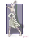 4_toes 5_fingers anthro barefoot border bottomwear breasts clothing dancing eyes_closed feet female fingers hand_on_hip leaning_hips outside_border pose purple_background raised_arm school_uniform shadow shirt simple_background skirt solo standing text toes topwear uniform bashka beastars inktober haru_(beastars) hare lagomorph leporid mammal rabbit 2024 artist_name digital_drawing_(artwork) digital_media_(artwork) english_text full-length_portrait handwritten_text portrait shaded simple_shading