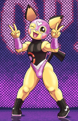 anthro bulge clothing cosplay_pikachu_(costume) gesture hand_gesture high_top_shoes leotard male mask one_eye_closed open_mouth pokemorph pose solo sparkles sparkling_clothing sports_mask sportswear standing v_sign wink wrestler wrestling_mask dcheese nintendo pokemon pichu_libre pikachu_libre generation_2_pokemon pichu pokemon_(species) 2026 absurd_res digital_media_(artwork) hi_res