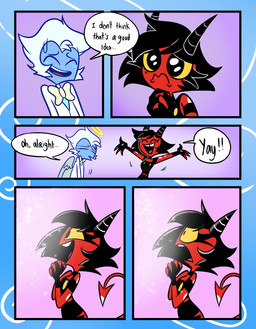 back_wings black_hair blue_body blue_hair blue_skin bow_tie bright_light dialogue duo feathered_wings feathers female freckled_face freckles hair halo hands_together horn long_tail male male/female markings mole_(marking) pleading_eyes red_body red_skin smile spade_tail sparkles speech_bubble tail text wings yellow_eyes cookiepearl emositecc hellaverse helluva_boss millie_(helluva_boss) moxxie_(helluva_boss) angel angel_humanoid demon demon_humanoid humanoid imp comic english_text hi_res