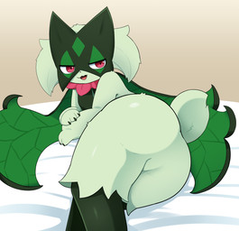 ambiguous_gender anthro black_claws butt claws featureless_crotch finger_claws fur green_body green_butt green_fur green_tail inside iris looking_at_viewer null open_mouth pose pupils smile solo tail teasing tongue sum nintendo pokemon generation_9_pokemon meowscarada pokemon_(species) 2023 hi_res