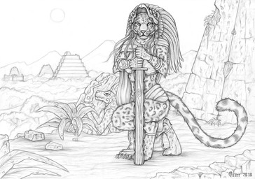 anthro aztec biped building clothing digitigrade female forest headdress holding_macuahuitl holding_melee_weapon holding_object holding_weapon jungle looking_at_viewer macuahuitl melee_weapon mesoamerican_architecture outside plant pyramid sitting solo sword tail temple tree tribal weapon simul felid jaguar mammal pantherine 2010 greyscale monochrome