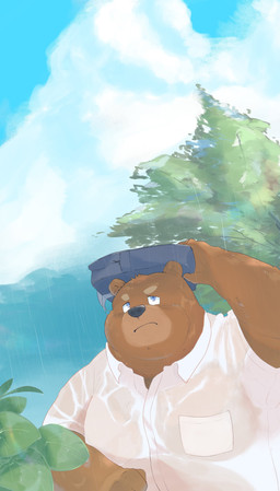 anthro belly big_belly black_nose blue_eyes brown_body clothing cloud humanoid_hands kemono male outside overweight overweight_male plant raining shirt solo topwear tree wet wet_clothing wet_shirt wet_topwear en_1_9 bear mammal 2022 absurd_res hi_res