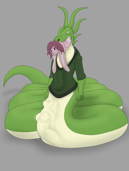 abdominal_bulge anthro apode feet_first female group head_in_mouth legless male neck_bulge oral_vore serpentine swallowing trio vore fluffylatios draconcopode lagomorph leporid mammal naga rabbit reptile scalie snake 3:4 absurd_res hi_res