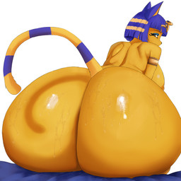 anthro big_breasts big_butt bodily_fluids bracelet breasts butt butt_focus female glistening glistening_butt gold_(metal) huge_butt jewelry looking_at_viewer looking_back looking_back_at_viewer nude rear_view solo sweat sweaty_butt tail fluxdivided animal_crossing nintendo ankha_(animal_crossing) domestic_cat felid feline felis mammal 1:1 absurd_res hi_res