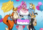 big_breasts birthday_cake blonde_hair breast_size_difference breasts cake dessert eyewear female food fur glasses group hair huge_breasts larger_female male pink_body pink_fur size_difference smaller_male jludragoon denisse canid canine mammal hi_res