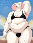 anthro asking_out beach bedroom_eyes belly belly_overhang big_belly big_moobs bikini black_lipstick bodily_fluids bulge clothed clothing cobra crossdressing deep_navel english_text eyeliner eyeshadow fat_arms fat_rolls femboy fupa heart_(marking) hi_res lipstick love_handles makeup male markings marley_(wandwess) moob_cleavage moobs narrowed_eyes navel obese obese_male overweight overweight_male raised_arm reptile scales scalie seductive smile smiling_at_viewer snake solo stretch_marks sweat swimwear talking_to_viewer text thick_thighs two-piece_swimsuit wandwess white_body white_scales wide_hipped_male wide_hips