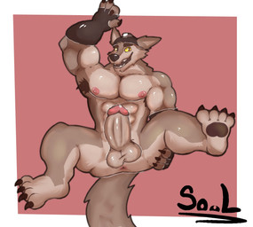 abs anthro anus balls barefoot biceps big_penis bodily_fluids brown_body brown_fur claws clothing erection feet fingerless_gloves fur genital_fluids genitals glans gloves handwear hat headgear headwear looking_at_viewer male muscular nipples pecs penis precum simple_background smile solo tail yellow_sclera soulcanela epic_games fortnite wendell_(fortnite) canid canine canis mammal wolf hi_res