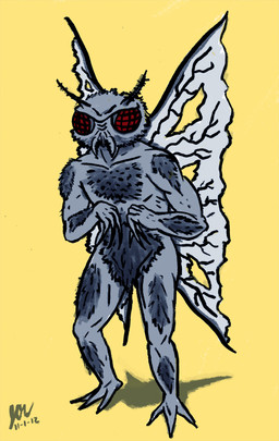 ambiguous_gender antennae_(anatomy) anthro biped cryptozoology fuzzy grey_body grey_skin hair insect_wings mandibles red_eyes simple_background solo standing wings yellow_background jared_weiss mothman arthropod cryptid insect lepidopteran monster moth 2012 signature