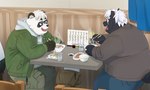 anthro black_body black_nose clothing detailed_background duo eyewear food glasses hair humanoid_hands inside kemono male overweight overweight_male sitting sweater topwear white_body white_hair kemoniku120 vtuber kokuba_hoeguro sasayama_akira bear canid canine giant_panda mammal 2023 hi_res